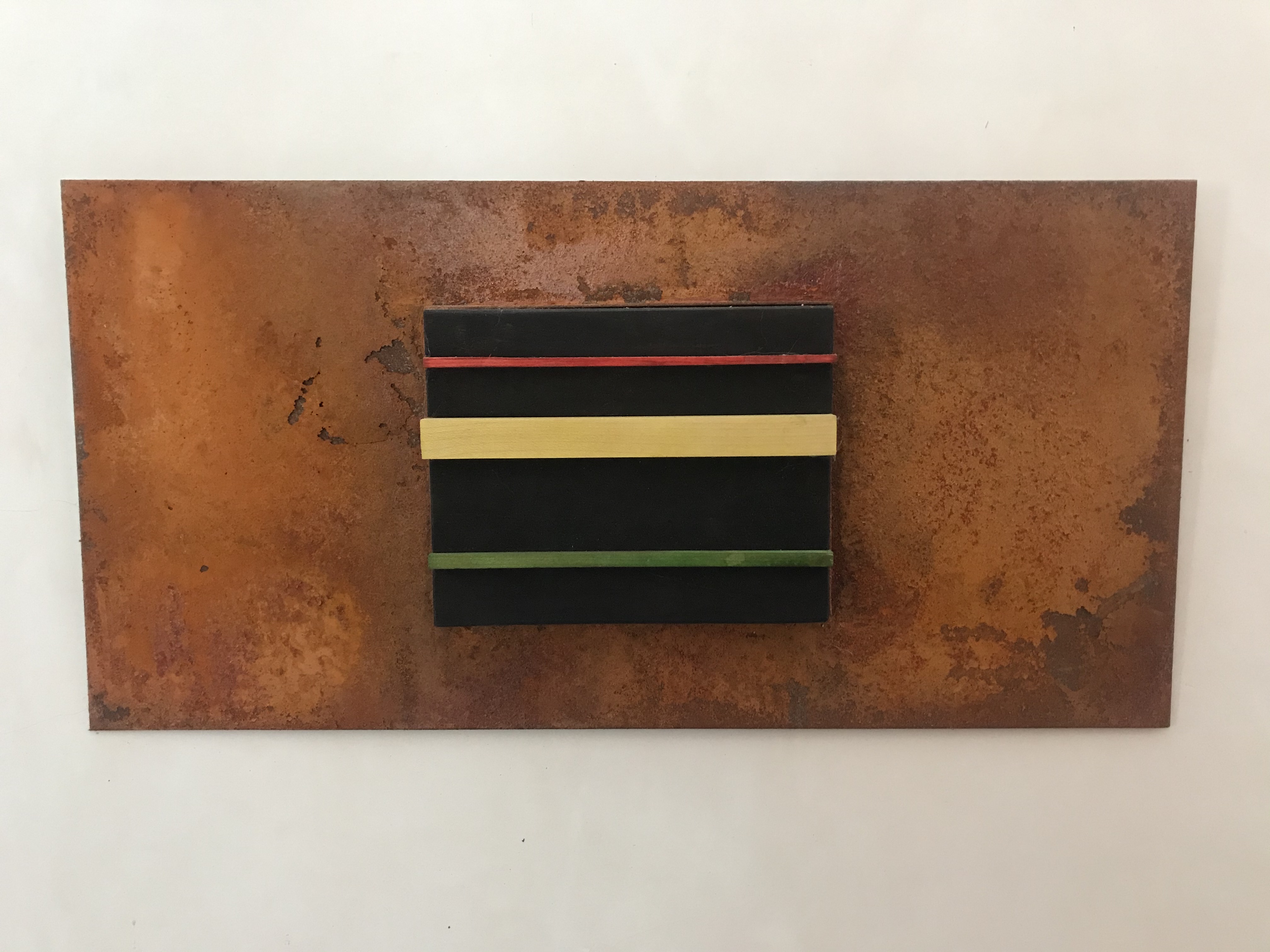 Lines of Connection 10x20x2 rusted steel and dyed wood