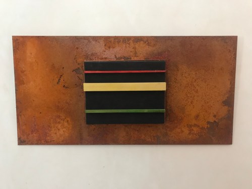 Lines of Connection 10x20x2 rusted steel and dyed wood