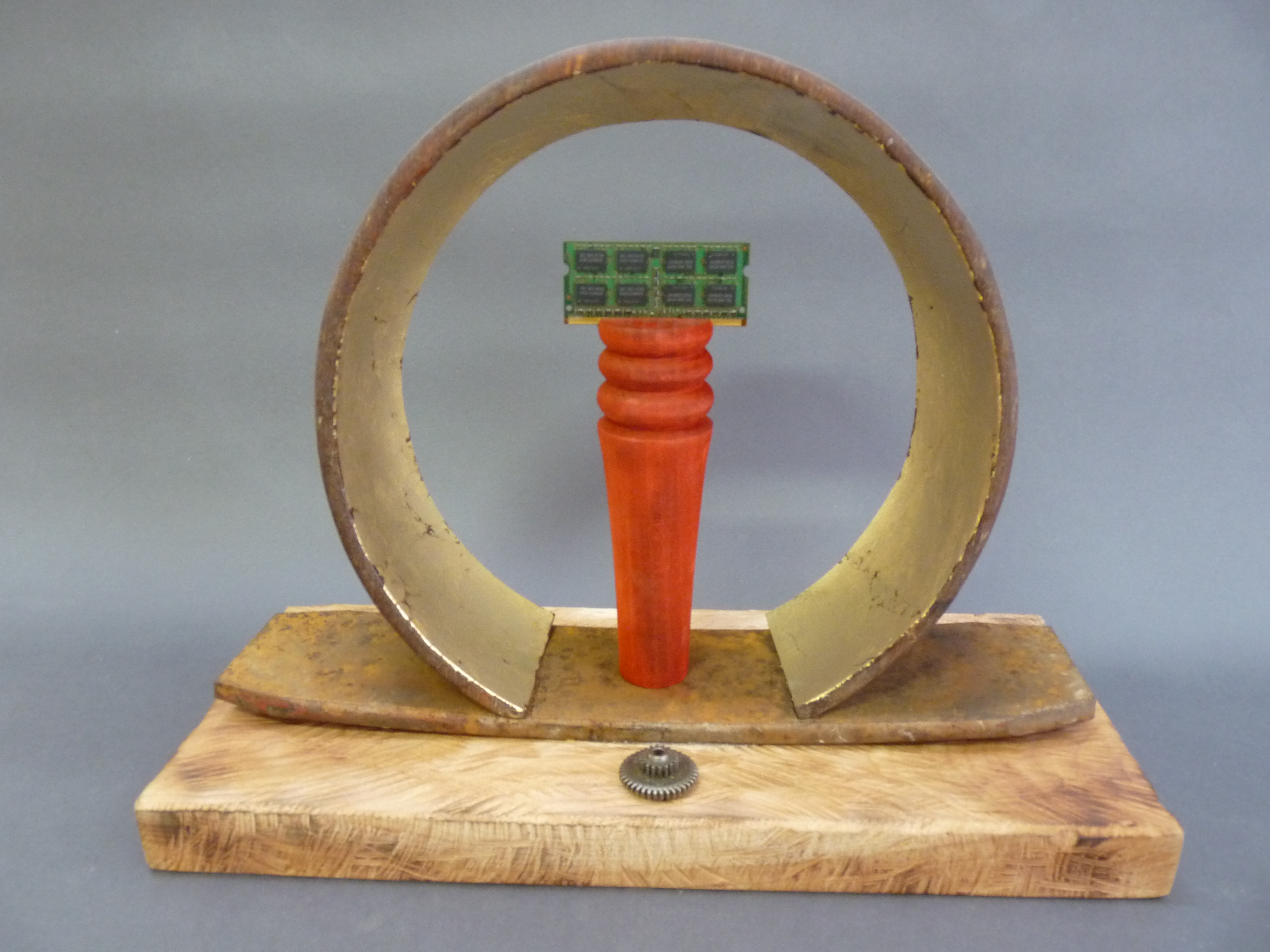 Antivirus Shrine 11.5x14.5x6 mixed woods, rusted iron and integrated circuit board